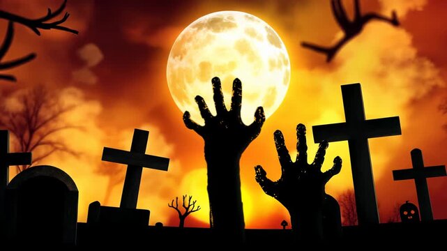 Terrifying undead zombie hands reach up from dark graves in a haunted cemetery beneath a massive glowing full moon and eerie orange red night sky for a scary Halloween horror scene.