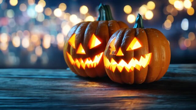 Two eerie orange pumpkins with glowing faces sit on a dark rustic wooden table at night. Blurred background lights create a mysterious spooky festive atmosphere.