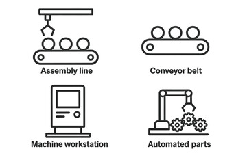 Industrial icon set featuring assembly line, conveyor belt, machine workstation, automated parts
