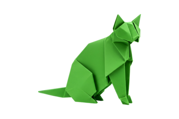 Vibrant green origami cat sitting elegantly, a striking modern art piece