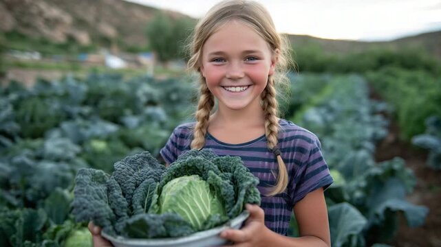 A joyful young girl with braided hair holds a bowl of freshly picked farm vegetables, basking in sunlight amidst rows of organic crops.