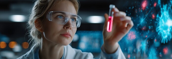 A vial is held close to a digital screen by a lab scientist.  Research by scientists is advanced by technology.  A healthcare lab allows scientists to clearly analyse data.