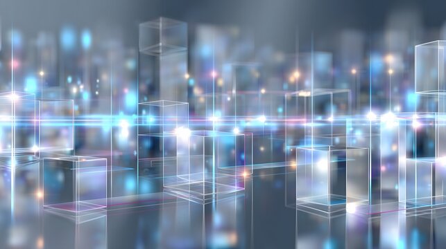 Futuristic semi-transparent holographic overlays with cyan and blue light accents, floating UI elements, and blurred urban tech background.