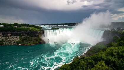 Panoramic view of cascading waterfalls under a dramatic sky