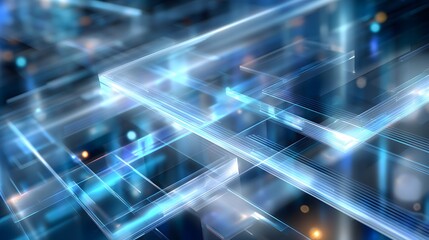 Futuristic semi-transparent holographic overlays with cyan and blue light accents, multi-layer depth, floating UI elements, and blurred urban tech background.