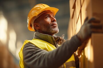 Warehouse worker organizing boxes industrial setting action shot focused environment upward view daily operations