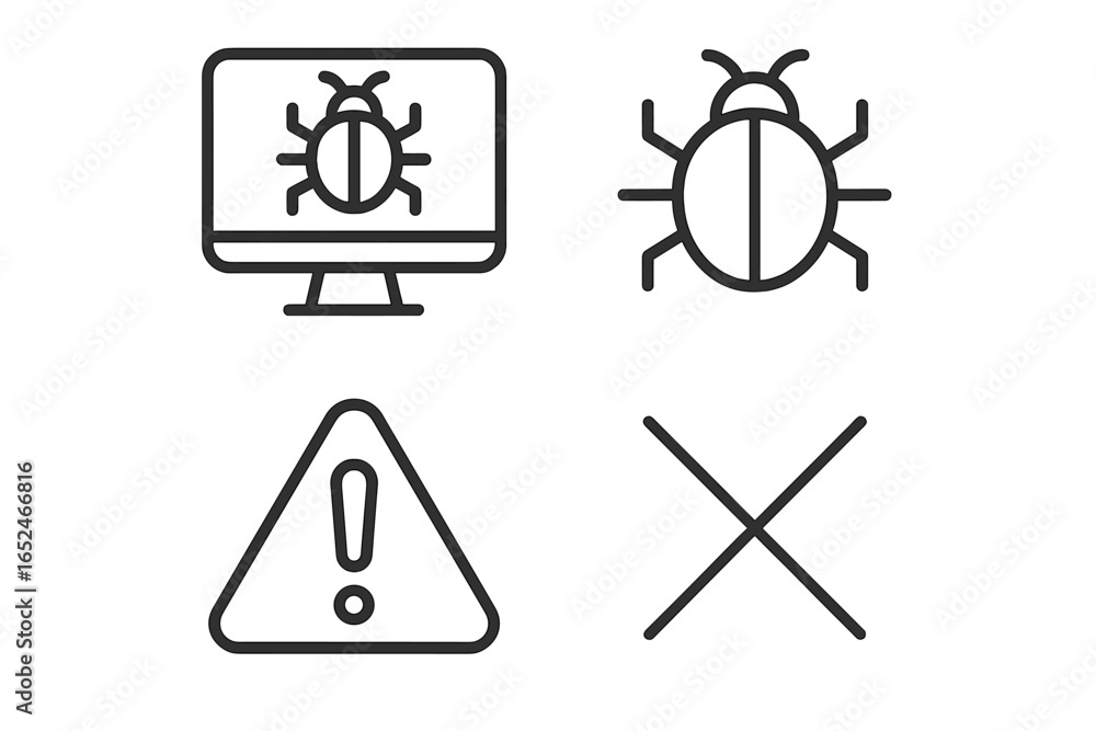 Poster computer bug icon set with warning symbols for software issues