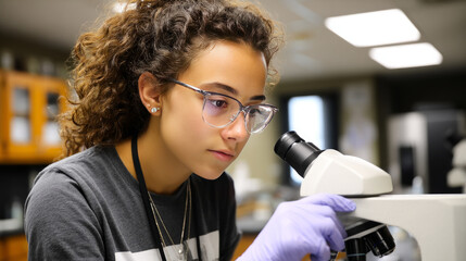 A student in a biology lab, conducting an experiment with a microscope, wearing gloves and safety glasses.