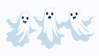 Three Happy Cartoon Ghosts Floating Together on Isolated White Background for Halloween
