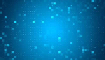 A vibrant blue backdrop showcases a complex pattern of overlapping squares and dotted lines, creating a dynamic and technological aesthetic.