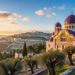 Fototapeta premium Majestic sunrise over Jerusalem with the Church of Mary Magdalene landmark