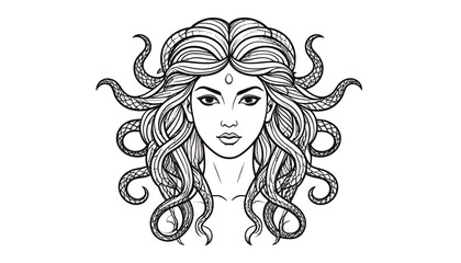 Intricate Line Art of Mythological Woman's Face with Snake Hair on Isolated White Background