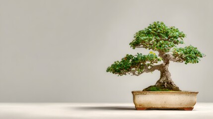 Photo of a bonsai tree in a rectangular ceramic pot, artistic presentation with plain neutral background, copy space for business poster.