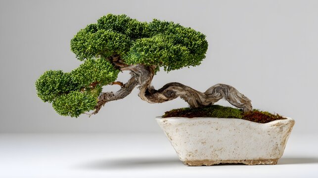 Photo of a bonsai tree in a rectangular ceramic pot, artistic presentation with plain neutral background, copy space for business poster.