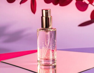 Glass perfume bottle on mirror surface against purple backdrop