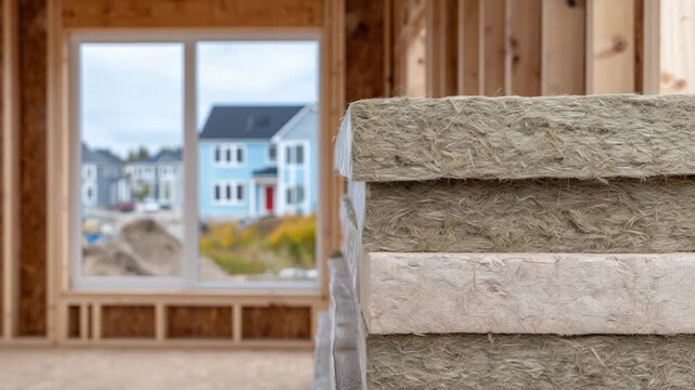 Explore energy-efficient insulation panels in a construction site setting, highlighting texture and size against a backdrop of wooden framing and open windows.