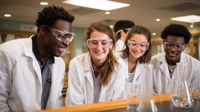 A diverse group of college students in a biology lab, wearing lab coats, examining test tubes and microscopes with focus and concentration.