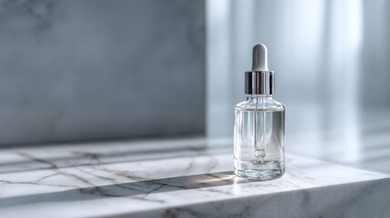 Transparent glass dropper bottle with serum on marble surface in soft natural light, luxury skincare product minimal composition