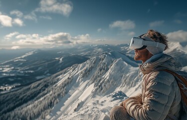 In a virtual reality headset, a man explores snow peaks.  The winter scenery is shown in virtual reality.