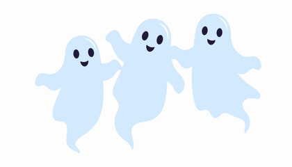 Three Cute and Friendly Cartoon Ghosts Floating and Smiling on Isolated White Background
