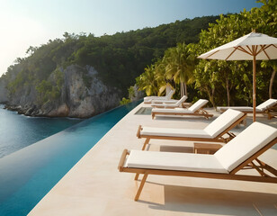 Modern Resort Poolside with Sunbeds and Tropical Scenery. Relaxing Poolside with White Loungers and Blue Horizon.Tropical Vacation Resort with Infinity Pool and Oceanfront View