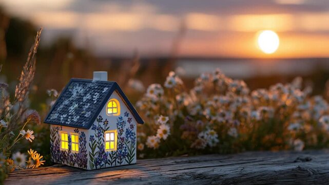 A detailed dream house replica on a rustic plank, surrounded by sunlit wildflowers and fields, with a serene sunset backdrop.