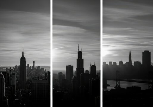 Silhouetted Metropolis: A Triptych of Iconic American Cityscapes in Monochrome - Powered by Adobe