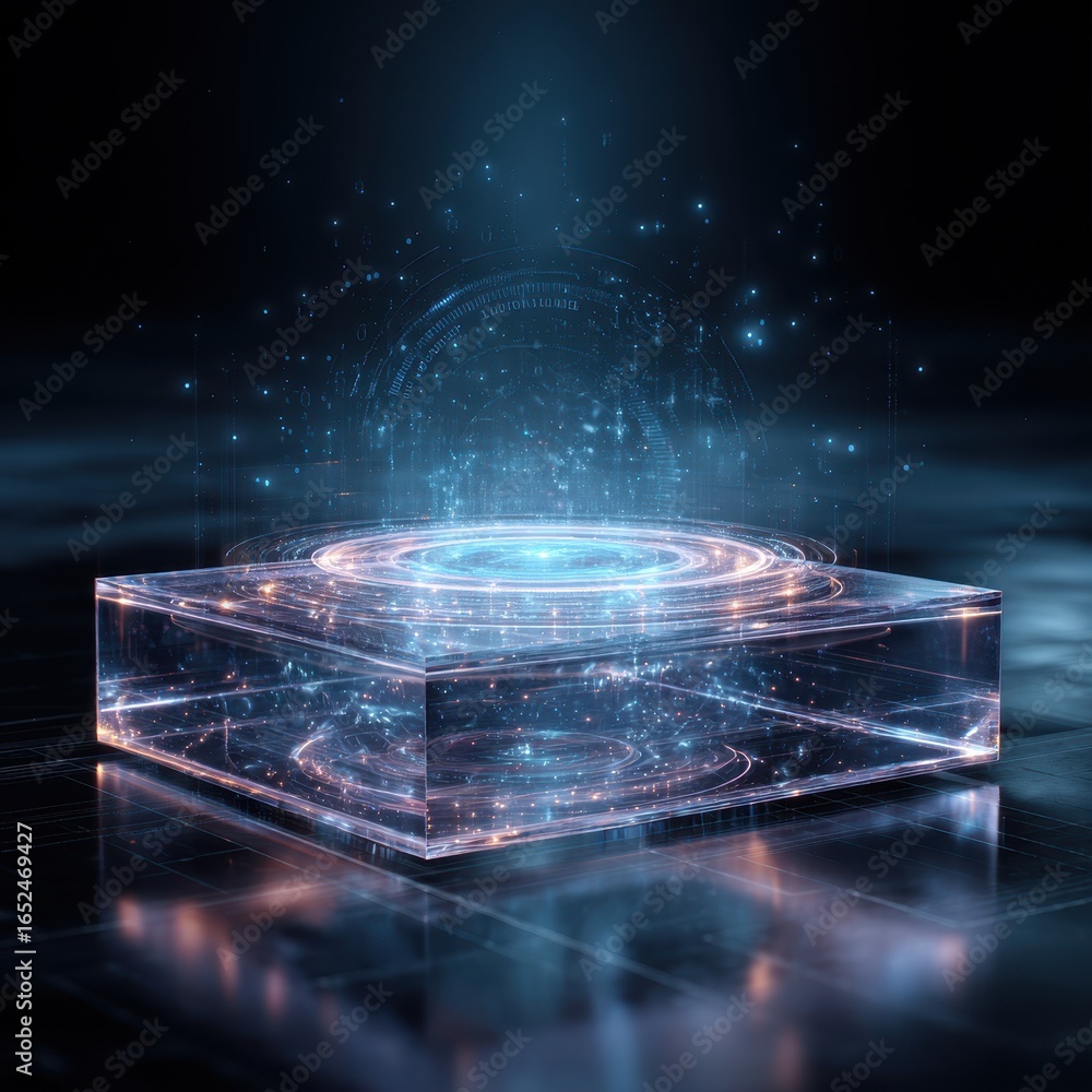 Poster platform display showcase, hologram portal, futuristic background. mock-up