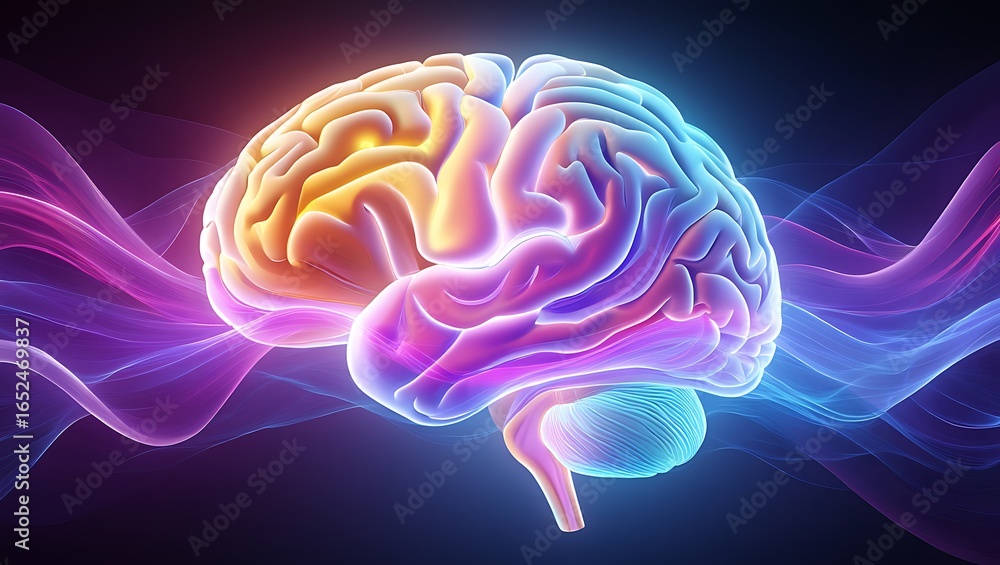 Poster vibrant glowing human brain with colorful neural pathways and energy waves representing thought inte