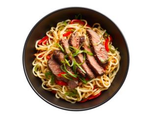 Delicious black bowl of noodles with steak isolated on a transparent background