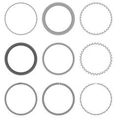 Set of 9 simple, easy-to-use black round vintage vector frames on a white background.