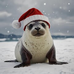 White seal in a red and white sweater with a Christmas hat on its head. Merry Christmas and New Year theme.
