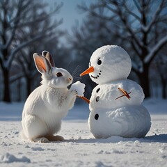 Snowman and rabbit on a snowy day	