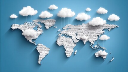Nature conservation concept. Map of the world with clouds on a blue background.