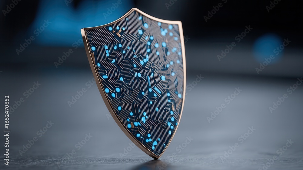 Poster nature conservation concept. digital shield with circuit patterns and blue accents.