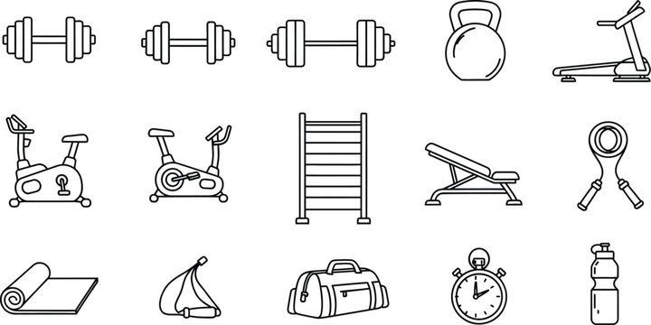 Set of fitness equipment icons contains icons such as dumbbell, kettlebell, treadmill, bike, ladder, bench, rope 