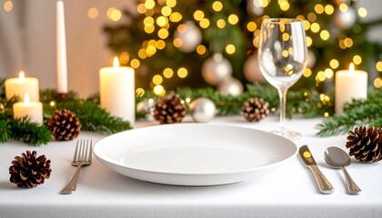 Elegant Christmas dinner table setting with a blank white plate mockup, festive decorations, and glowing bokeh lights.