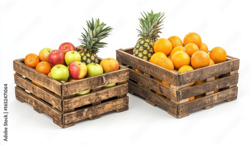 Poster two wooden crates filled with fresh apples oranges and pineapples