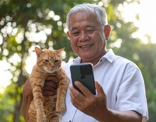 Obraz premium Cheerful senior couple with their cat. Happy older pair enjoy home life pet animal love family member care domestic feline friend.