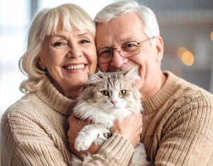 Cheerful senior couple with their cat. Happy older pair enjoy home life pet animal love family member care domestic feline friend.