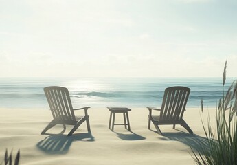 Two Wooden Chairs Relaxing On Sandy Beach Facing Ocean At Sunset