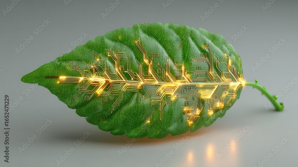 Poster nature conservation concept. a leaf with circuit patterns symbolizing technology and nature.