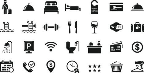 Collection of hotel service icons, representing various amenities and facilities for travel, vacation, and business trips