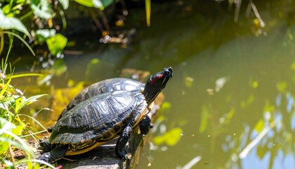 Obraz premium Turtle basking on a log in a pond