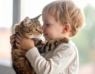 Generative ai picture of sweet cute adorable baby hugging cat love and care for domestic animal. Child embrace feline affection tender infant pet wellbeing domestic creature.