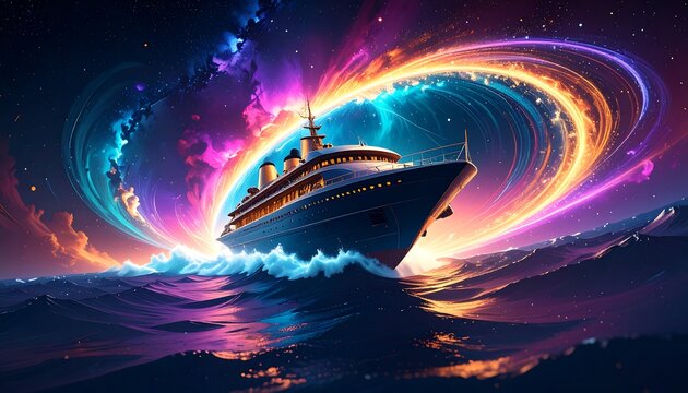 A magnificent vessel navigates a vibrant cosmic expanse, its path illuminated by swirling nebulae and ethereal lights.