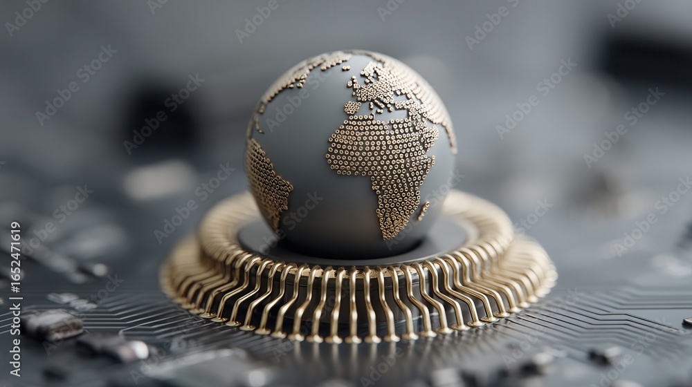 Poster nature conservation concept. globe on a microchip, symbolizing global technology integration.