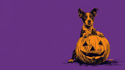 A glowing Halloween pumpkin Jack-O’-Lantern with a  dog above  it, set against a purple background