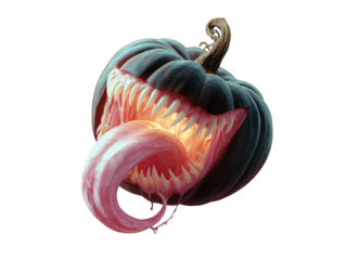 Scary Halloween pumpkin with glowing eyes, sharp teeth, and a creepy tongue sticking out, isolated on white background, perfect for spooky decor and digital art.