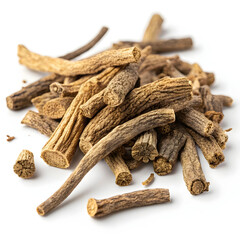 Dried valerian root pieces isolated on white background, showing rough, fibrous segments known